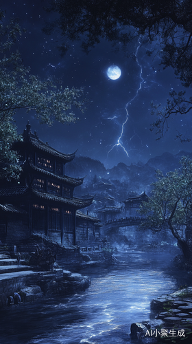 Surreal CG Rendering of Ancient China Night by Yangtze River