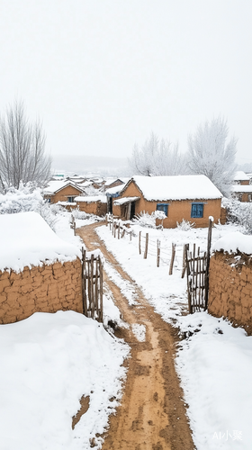 冬季村庄中的标准农家小院与雪景