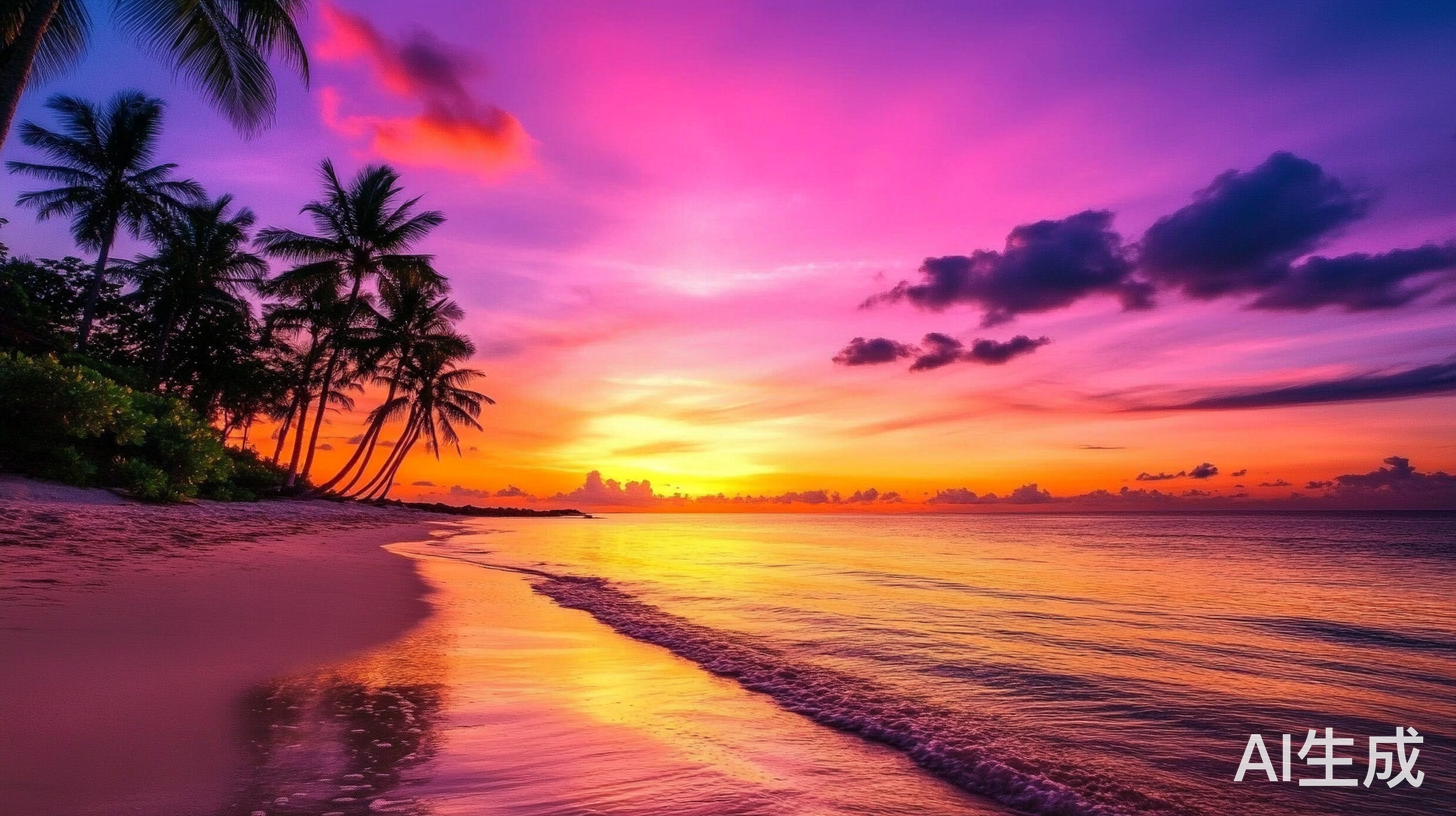 落日紫红晩霞映沙滩椰子树与金色海水
