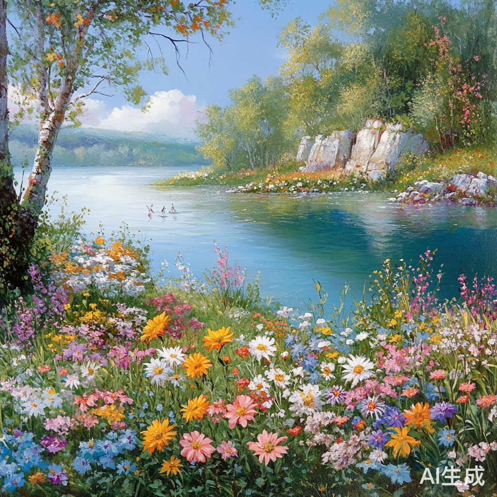 湖畔花开的视觉盛宴与内心的平静