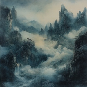 一副梦幻的中式山水画，山峦若隐若现，云雾缭绕