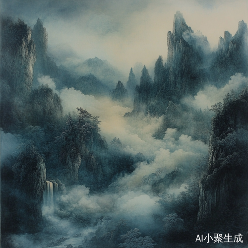 梦幻中式山水画山峦云雾缭绕