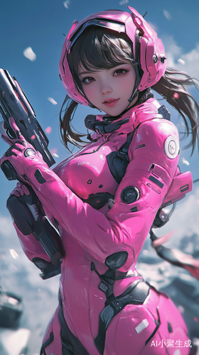 Futuristic Anime Girl with Gun in Pink Outfit Surrounded by Oceanic Vistas