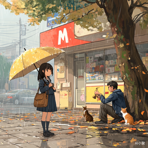 雨天城市生活插画女孩与便利店场景