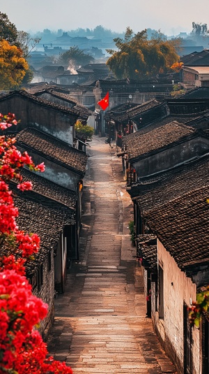 Ancient town in Jiangnan, the five-star red flag fluttered in the wind, and the roads on both sides were full of flowers, colorful and very beautiful