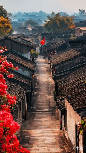 Jiangnan Ancient Town with Colorful Flowers and Fluttering Red Flag