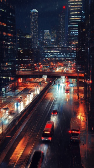 城市绝美夜景，一条双向四车道的道路，车流，高楼，轨道交通，夜景工程。