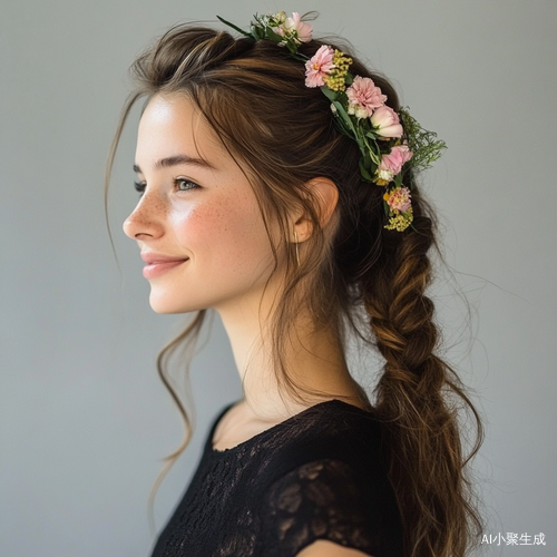 高挑瘦女性编织马尾送花展现精致魅力