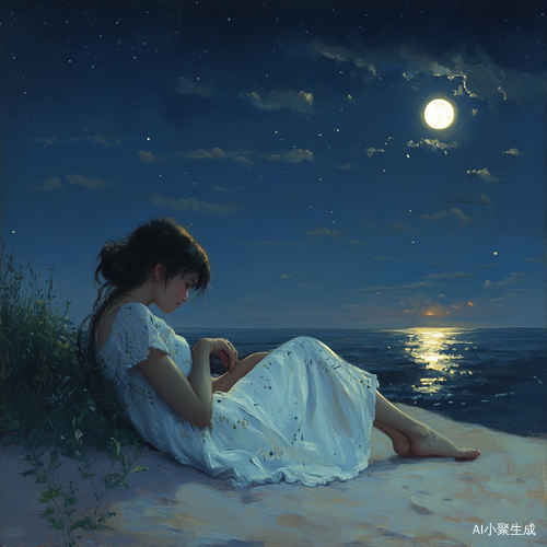 少年夜晚海滩伸懒腰远眺月亮