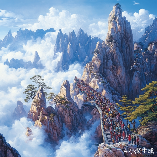 云雾缭绕的黄山下的人群欣赏祖国的壮丽景象