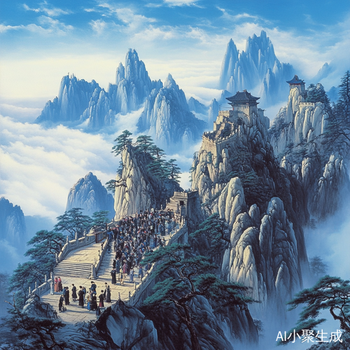 云雾缭绕的黄山下的人群欣赏祖国的壮丽景象