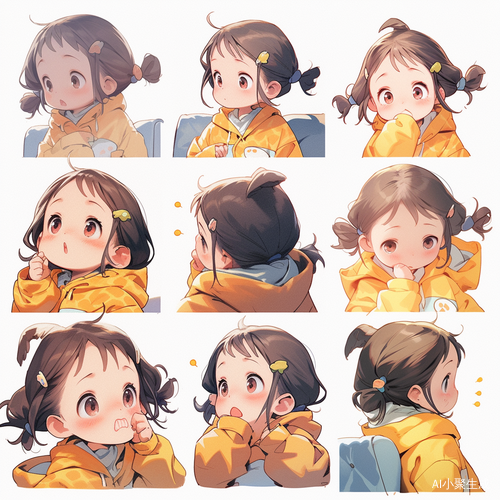 可爱小女孩多情绪插画艺术设计