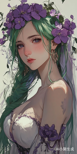 绿色头发女子的精致形象与紫白色衣服