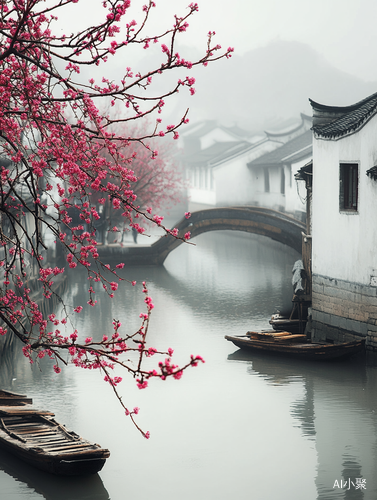 江南水乡梅花与雾雨中的平和风景