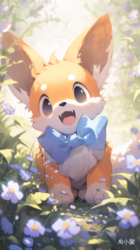 Adorable Cartoon Fox in Pastel Garden with Blue Bowtie