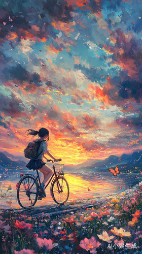 美丽湖边夕阳下骑行少女与花海蝴蝶
