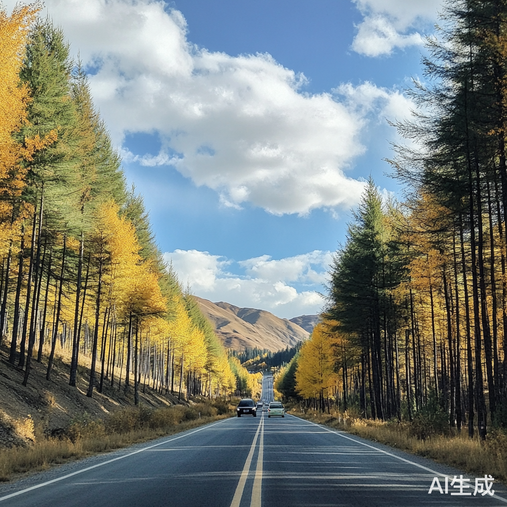 新疆秋日美景的宽广马路与高大树木