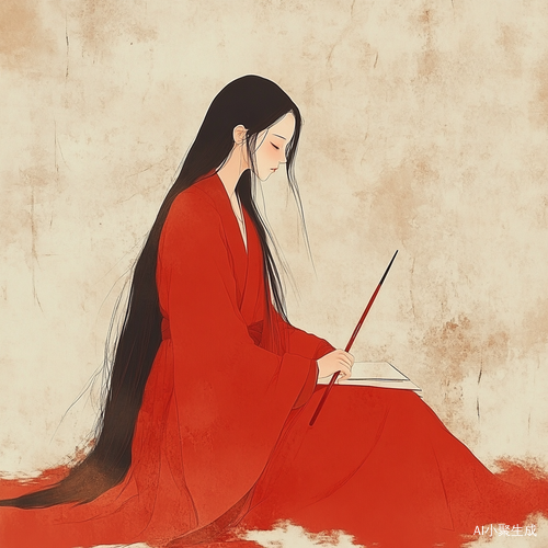 红衣女子心情不好拿着毛笔坐在纸上