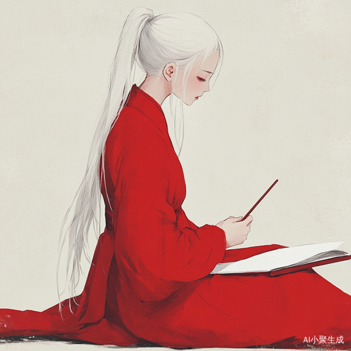 红衣女孩头发绑起不悦心情下的书写