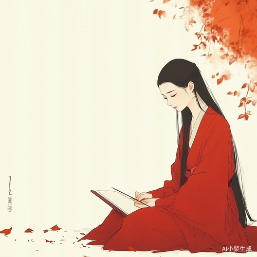 红衣女孩头发绑起不悦心情下的书写
