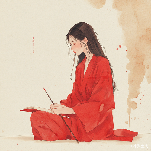 红衣女子心情不好拿着毛笔坐在纸上