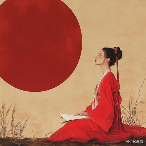 红色舞者在低沉情绪中跳古典舞伴随红月光