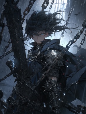 absurdres, highres, ultra detailed,10.(extremely detailed CG unity 8k wallpaper,(((extremely det ailed face))),(((jitome))),(((dark_persona)))),(ruins)),(beautiful deatailed shadow))))),chain storm,chain ring，A boy with dark hair and blue eyes, double ponytail, holding a sword, in a style of deep blue and light tones, 8k, blue eyes, long hair, shorts, gloves, black shorts, double ponytail, black hair, black gloves, belt, long sleeves, hair between eyes, coat