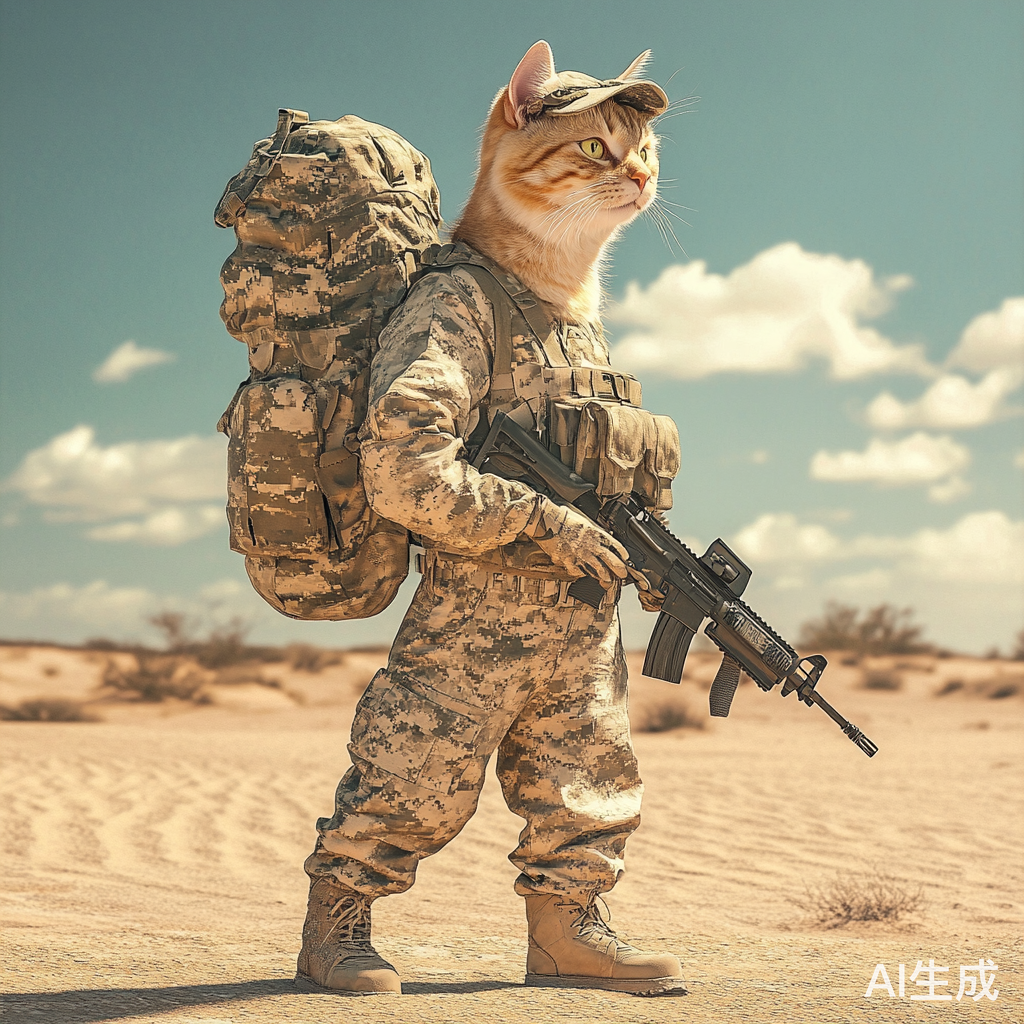 猫咪穿迷彩服装备冲锋枪沙漠全景照片