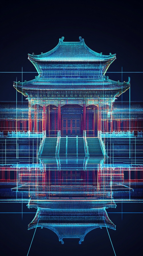 Hologram of the Forbidden City in Beijing, China, with glowing blue lines forming intricate patterns around its iconic structure on isolated dark background. The design showcases detailed architectural details and features, creating a visually stunning representation of ancient Chinese architecture. This digital artwork is ideal for creative projects that need to convey historical significance and future technology in 8k style. ar 3:4 v 6.0