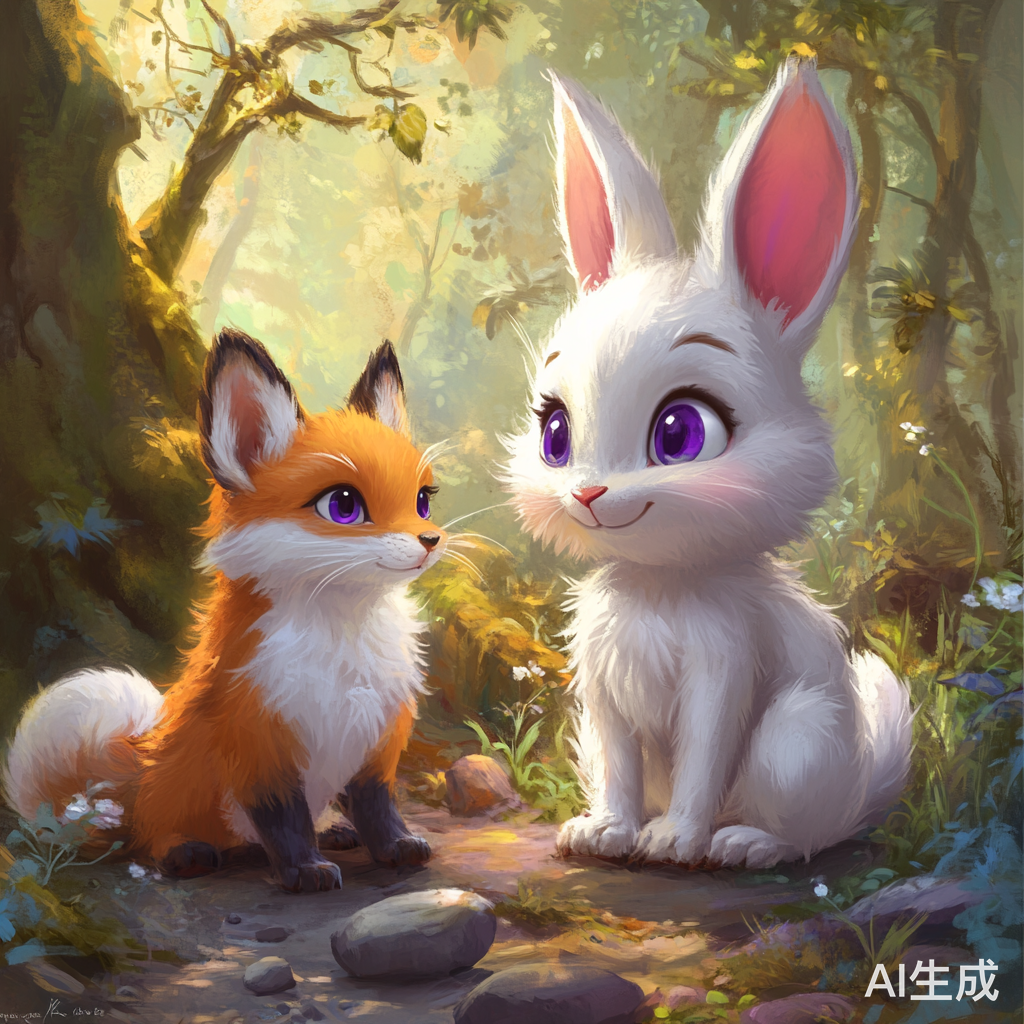 可爱白兔与迷人狐狸的皮克斯风格奇幻森林