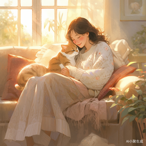 年輕女子與貓咪的溫馨早晨時光