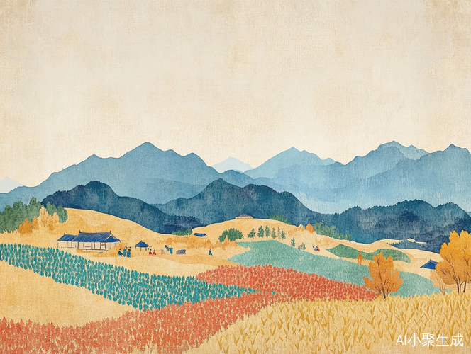 丰收季节的喜悦与山峦的美丽画卷