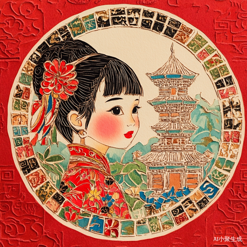苗族少女在侗族鼓楼前的绣花艺术