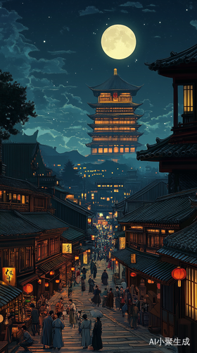 长街夜市欢声笑语李白楼顶抒怀