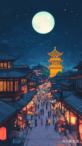 长街夜市欢声笑语李白楼顶抒怀