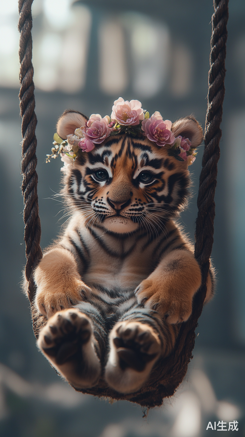 胖小老虎坐秋千头戴花毛发分明眼睛圆亮