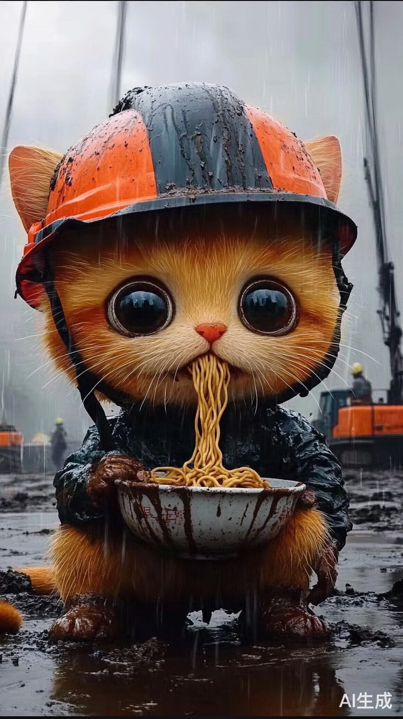 雨天工地上的黄猫吃方便面艰难求生