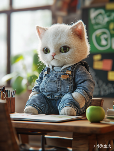 可爱胖嘟嘟小猫咪听课穿牛仔衣