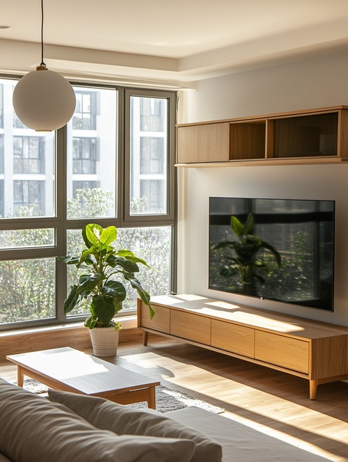 living room in modern flat, Nordic style, furniture made of natural materials, couch, TV, large window, spacious, simple