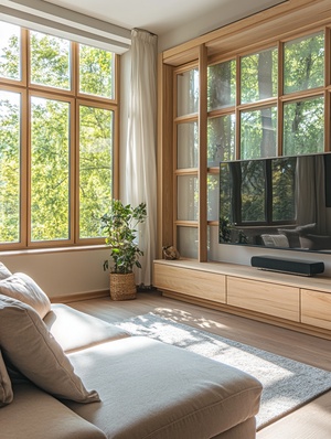 living room in modern flat, Nordic style, furniture made of natural materials, couch, TV, large window, spacious, simple