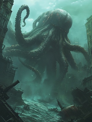 A phoot of a giant steampunk mecha fighting cthulu in the ruins of a city. The city is half sunken in murky water. | 480