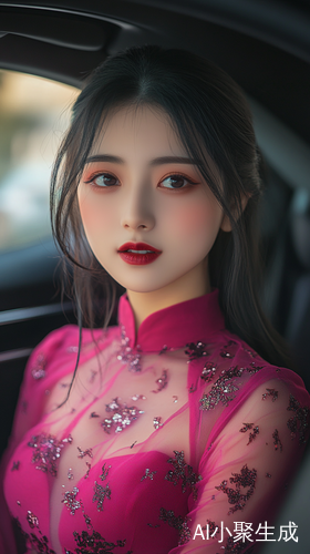 优雅中国女性的精致特写穿紫红色连衣裙