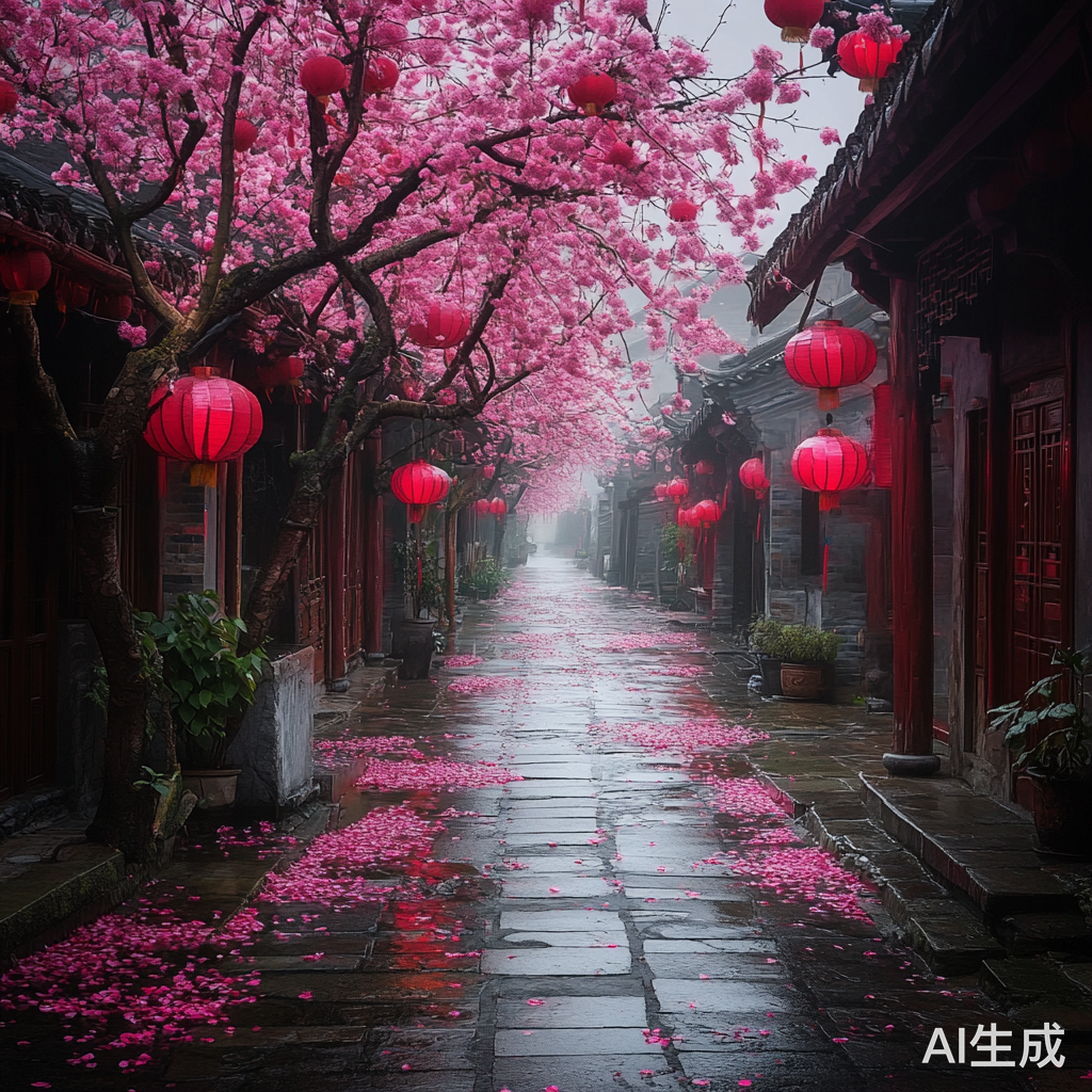 江南小镇雨后花瓣满地红灯笼映小巷