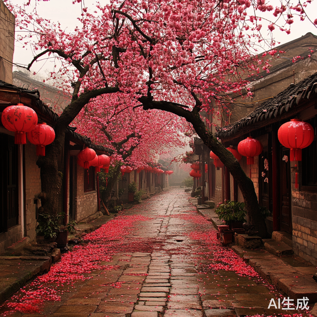 江南小镇雨后花瓣满地红灯笼映小巷