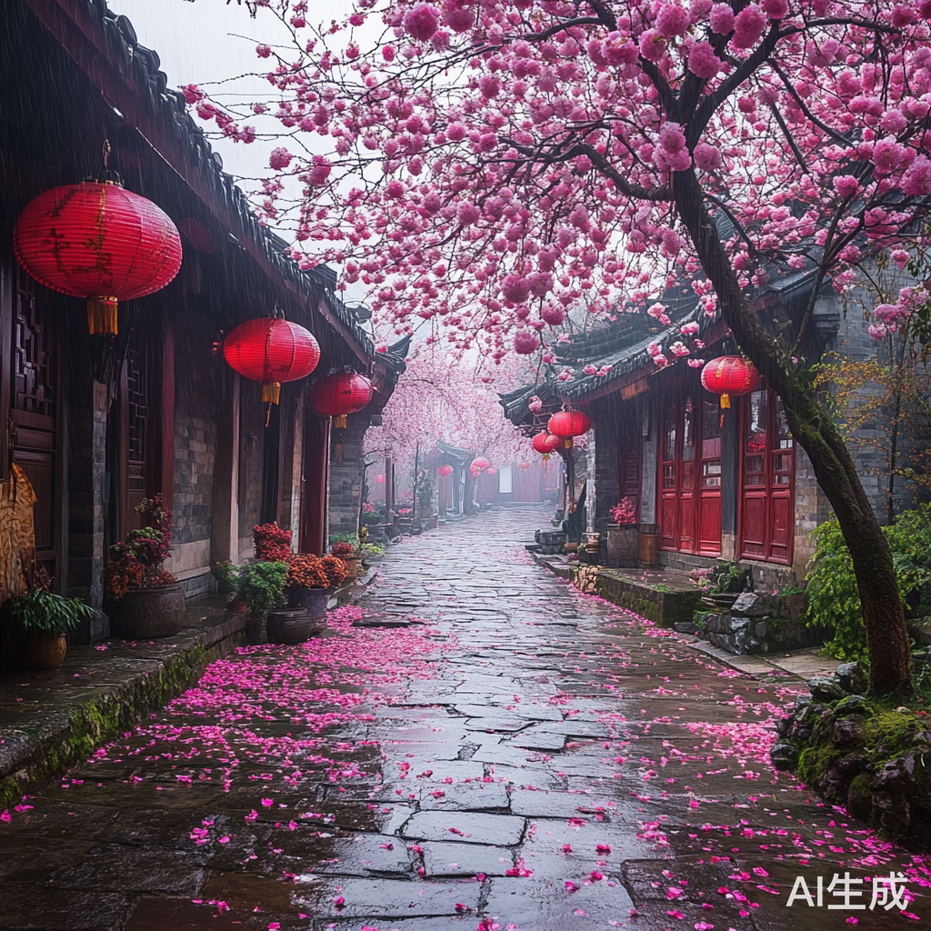 江南小镇雨后花瓣满地红灯笼映小巷