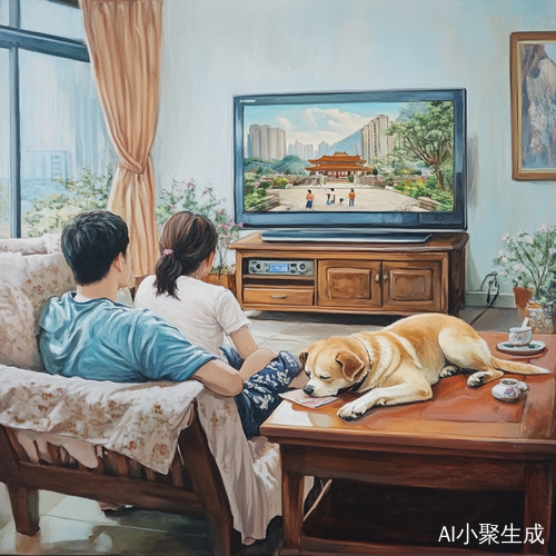 中国一家三口观看庆余年小狗在旁睡觉