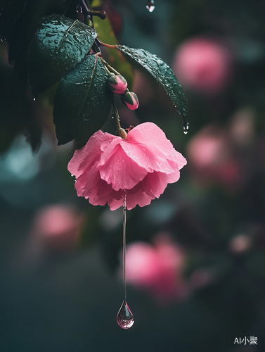 Pink Flower with Water Droplets in Blooming Garden