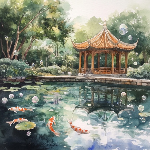 梦回江南：古风园林与水彩气泡的诗意旅🎨探索不一样的中国风情，一段水墨与水彩的美丽邂逅！🏮在这里，古典的亭台楼阁与梦幻的水彩气泡相遇，构筑出一幅幅如诗如画的江南美景。🌉每一帧，都是高清细节下的中国式园林美学，每一滴，都蕴含着梦幻色彩的水彩气泡。🌳从竹林深处的静谧氛围，到荷花池波光粼粼的清新夏日；从古风园林小径的诗意栖居，到锦鲤在水中游弋的动静结合；每一处，都是一次光影交错的美学体验。💫📚不仅如此，书院门前的古树、亭中观雨的幽静雅致，以及花园中的石桌石凳，都在绚烂的水彩气泡中展现出别样的文化气息和闲适午后。🚣‍♂让我们一起乘坐竹筏，漂浮在清澈湖面上，追寻那些被水彩气泡点缀的古风美景，体验一场梦回江南的诗意旅行。来，跟我一起，探幽寻静，发现古典与现代融合的独特韵味，感受这一场视觉与心灵的盛宴吧！🍃#ai绘画 #梦回江南 #古风园林 #水彩气泡 #中国风情 #诗意旅行 #江南美景 #文化气息#ai作画 #ai画画 #Ai绘画 #我和AI有画说 #Ai