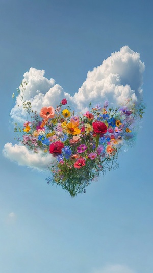 A heart-shaped cloud with various flowers inside, floating in the blue sky. The clouds form an intricate shape that resembles love and joy. There is a bouquet of colorful wildflowers placed on top of it, adding to its beauty. This photo captures the essence of romance and nature's tranquility. ar 49:64 q 2 v 6.1 s 750