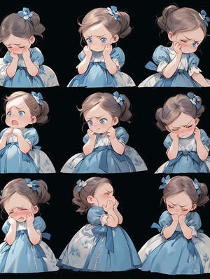 A Q version of the cute Little girl, classical elegance, A gown of blue, with a diverse range of expressions, 9 poses and expressions [dizziness, happiness, anger, crying, sadness, cuteness, anticipation, disappointment, and shyness, sleepiness, eating, expressing lovel, Arranged in a nine-palace grid, neatly aligned, half-body illustrations, Set against a pure white background, illustrations, sticker art design, this illustrated cartoon character exhibits intricate details and an adorable style